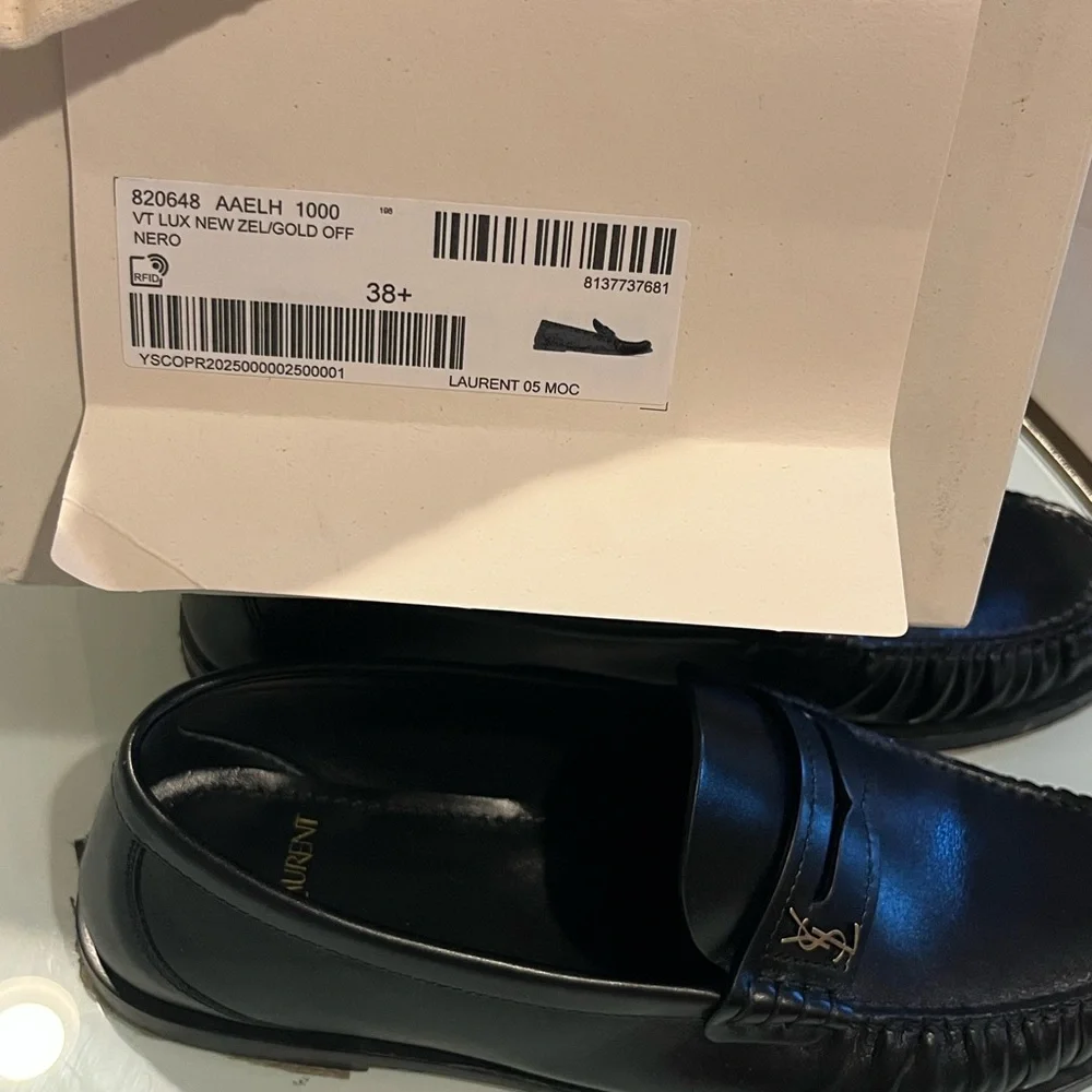 Saint Laurent Black Leather Penny Loafers with Gold Logo - Picture 10 of 10